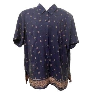 Vtg CHAUS 100% Silk Shirt Women's Sz 20 Button Up Blue Gold Floral Shoulder Pads